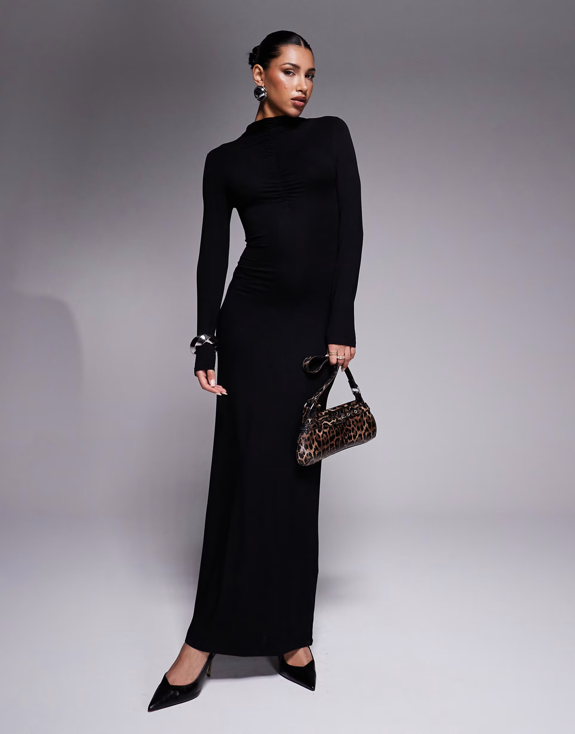 ASOS DESIGN high neck long sleeve with ruching maxi dress in black | ASOS (Global)