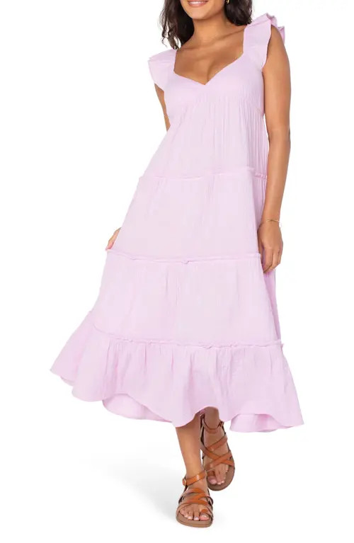 Roxy Palmy Days Tiered Cotton Midi Dress in Orchid Bouquet Solid at Nordstrom, Size X-Large | Nordstrom
