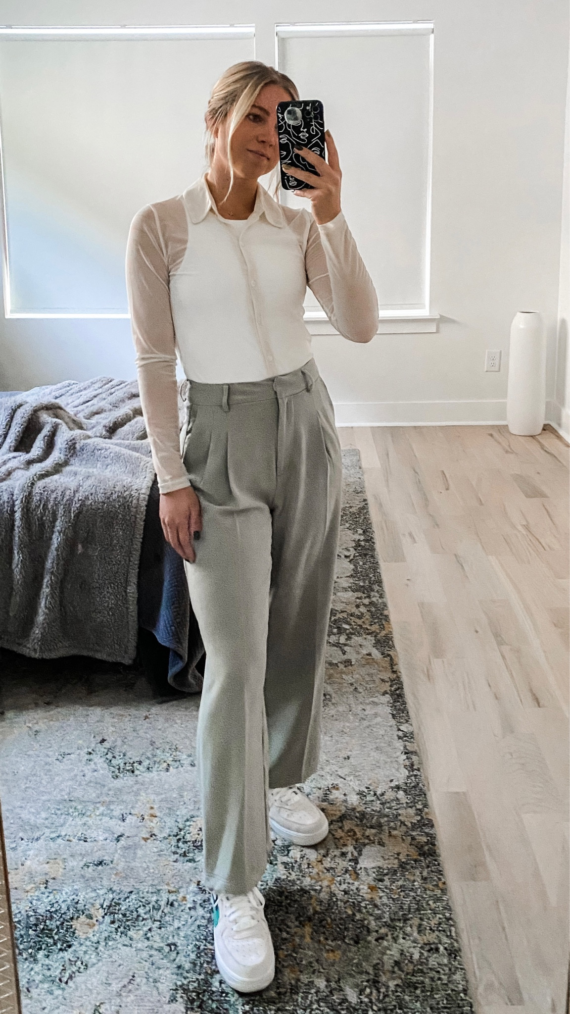 Sheer cream long sleeve shirt with trousers and Nike airforce one’s

#LTKstyletip #LTKworkwear #LTKshoecrush