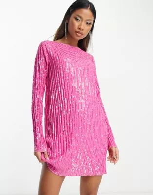 ASOS DESIGN long sleeve shift mini dress in plisse sequin in pink | ASOS (Global)