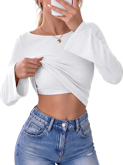 ANRABESS Women Boat Neck Bell Sleeve Shirts Built in Bra Fall Dressy Top | Amazon (US)
