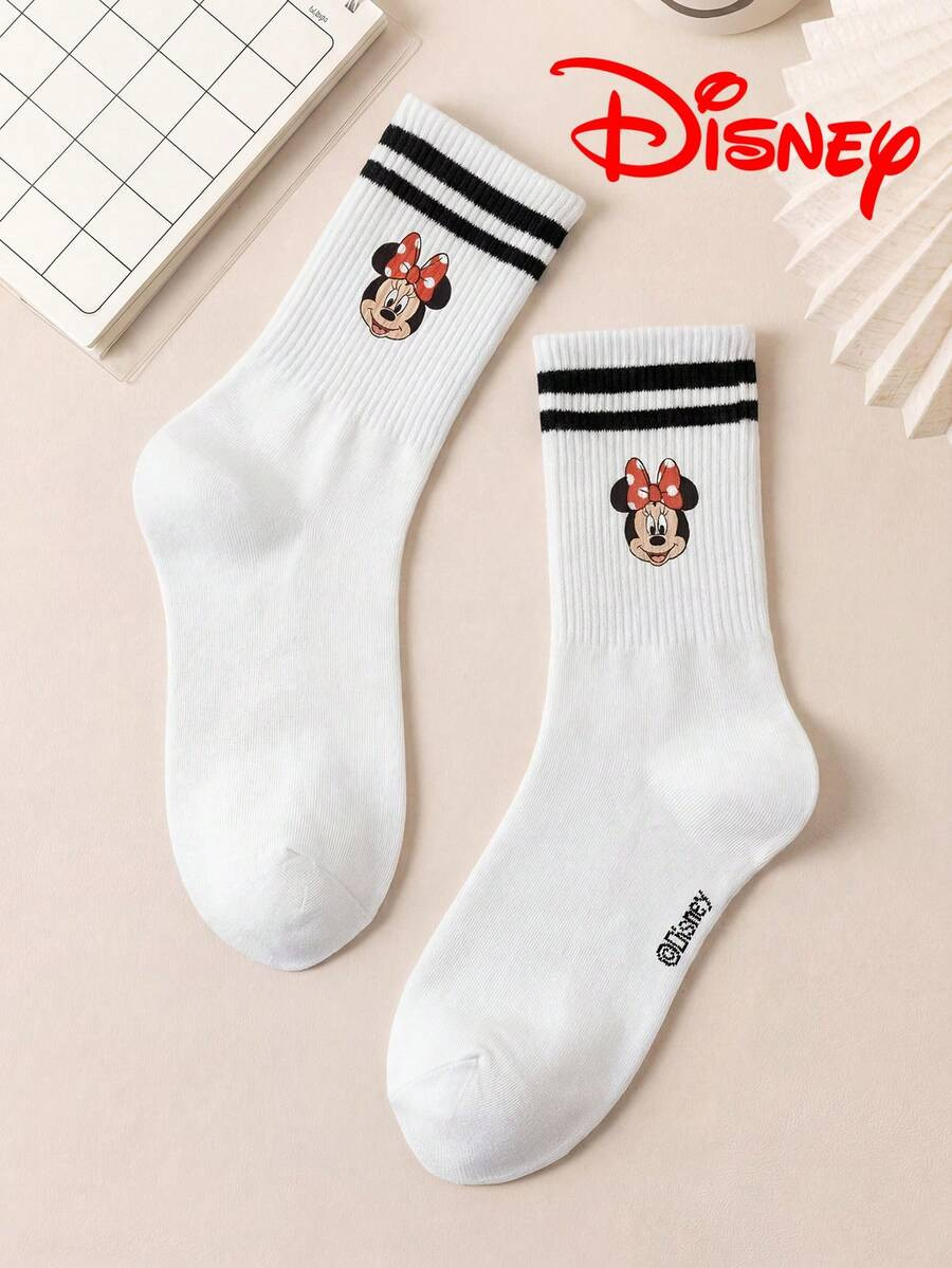 Disney 1 Pair Pattern Women's Mid-Calf Socks, Sporty Black & White Stripes, Adorable Cartoon Desi... | SHEIN