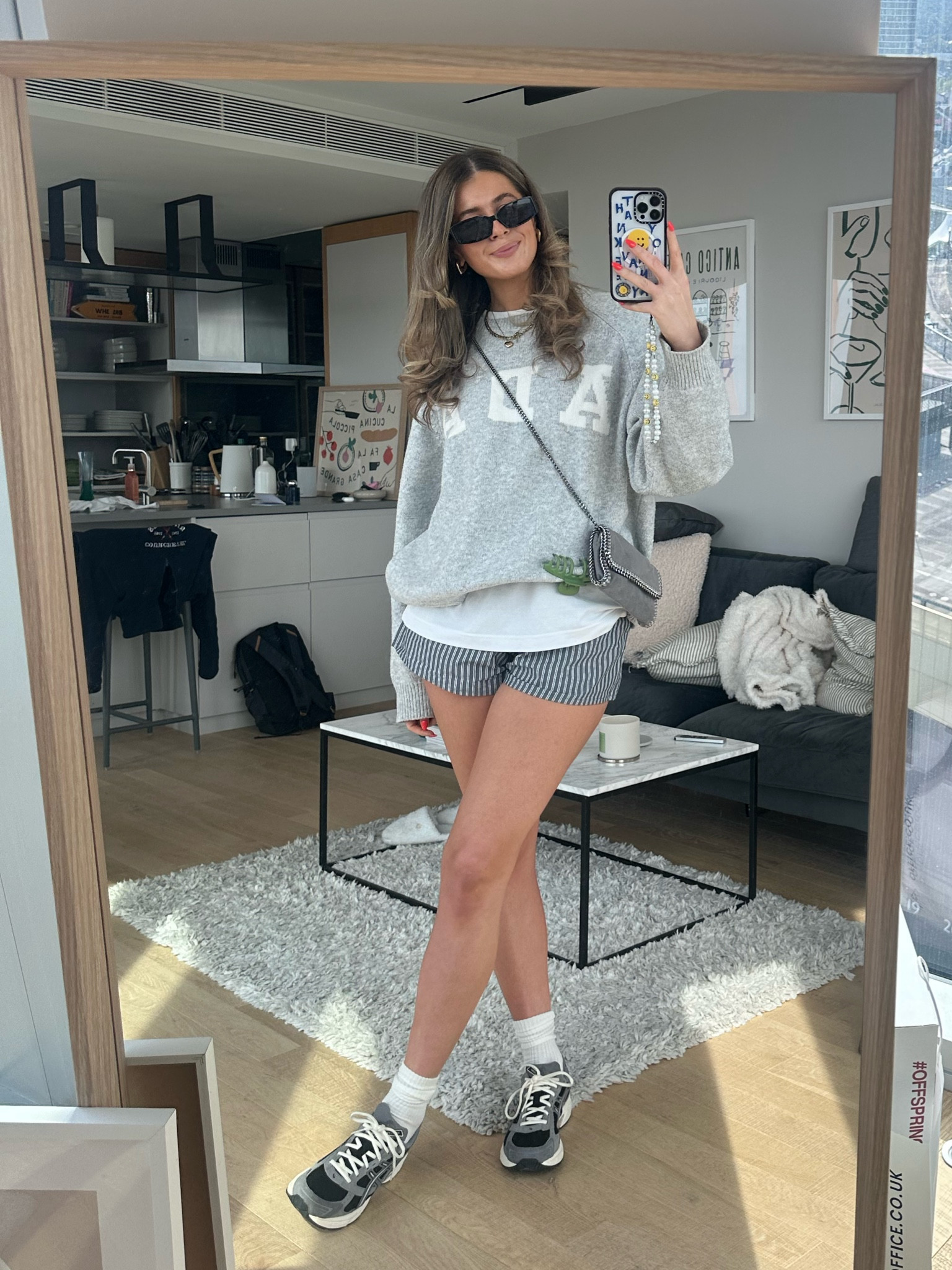 weekday boxer short, grey stripe, white socks, grey black ASICS, white oversized uniqlo tshirt, grey knit adanola jumper, black sunglasses, silver grey crossbody bag, Stella McCartney, gold jewellery, spring ootd, spring outfit, spring capsule wardrobe, summer outfit inspo  

#LTKstyletip #LTKeurope #LTKshoecrush