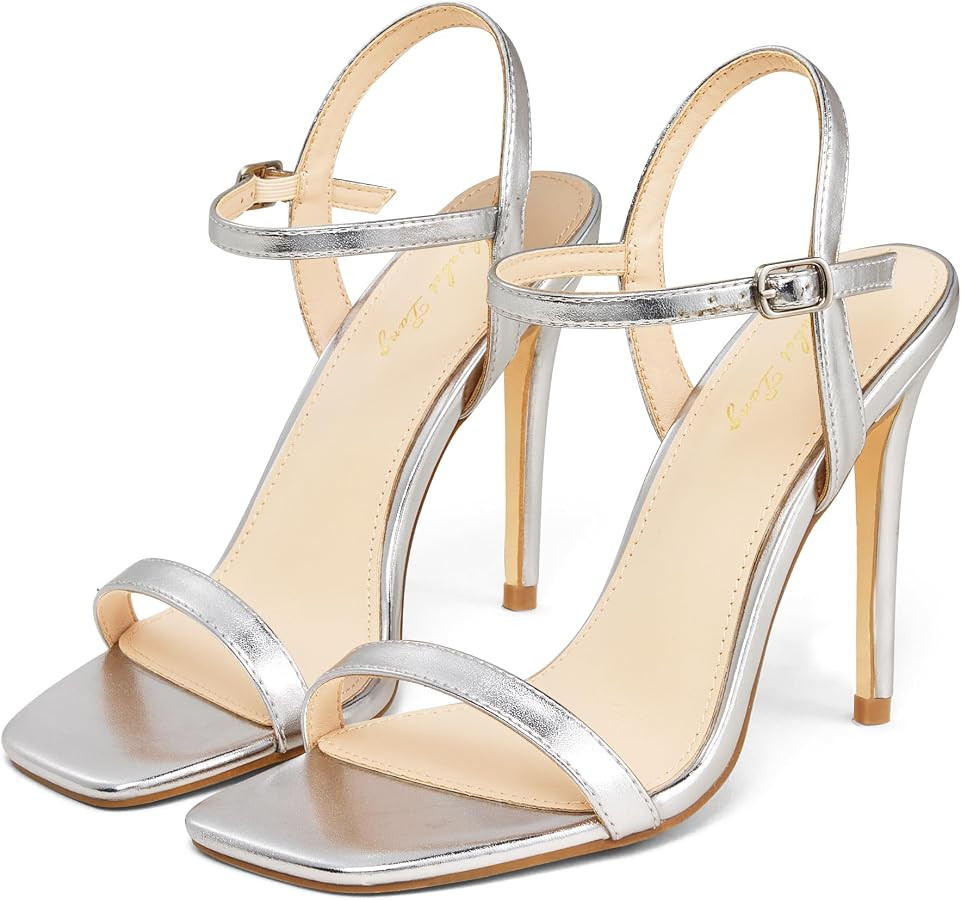 Elisabet Tang Women's High Heeled Sandals 4 Inch Strappy Sling Back Stiletto Open Square Toe Heels with Ankle Straps at Wedding Party Prom Work Dating | Amazon (US)