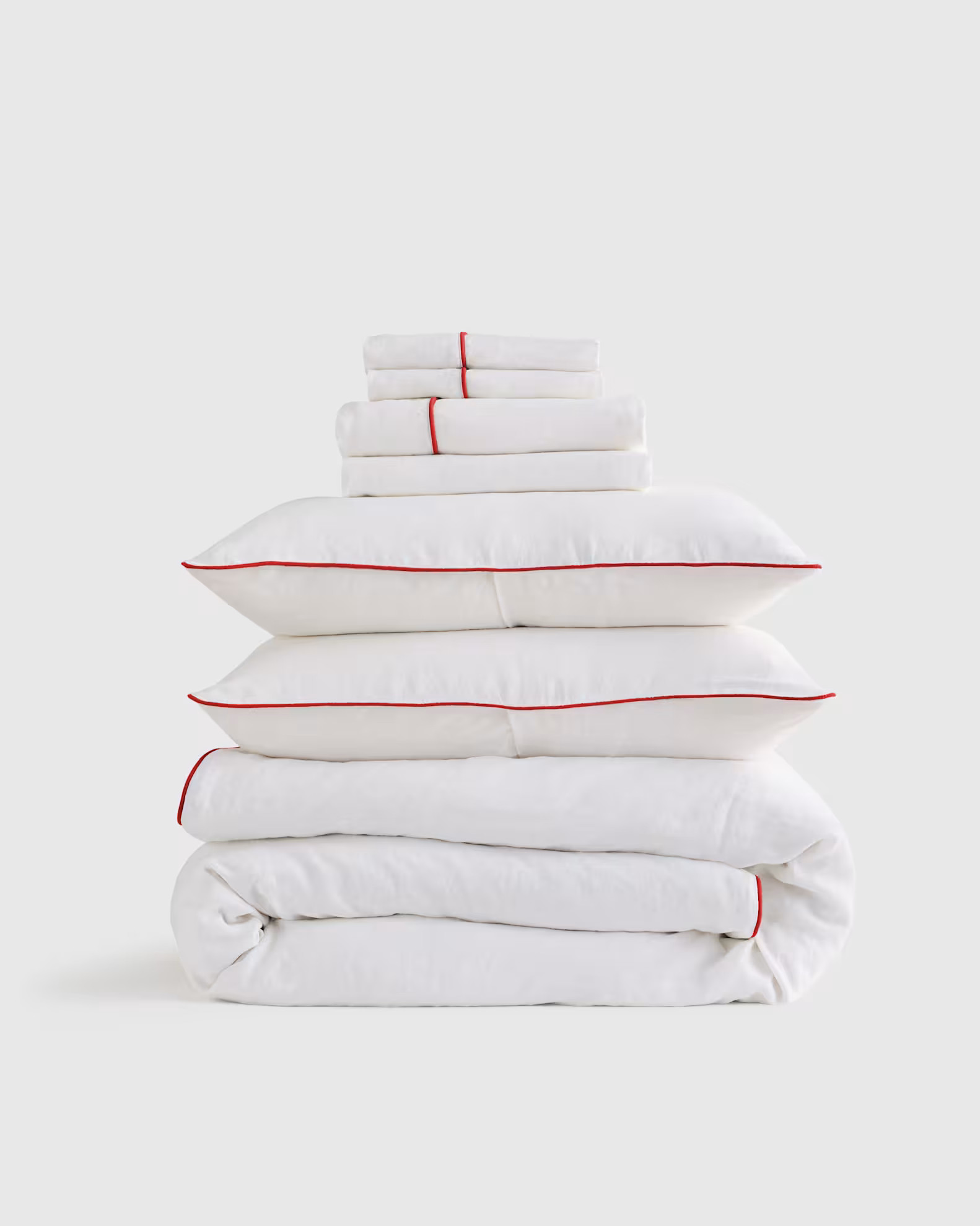 European Linen Piped Deluxe Bedding Bundle in White/Cherry | Quince