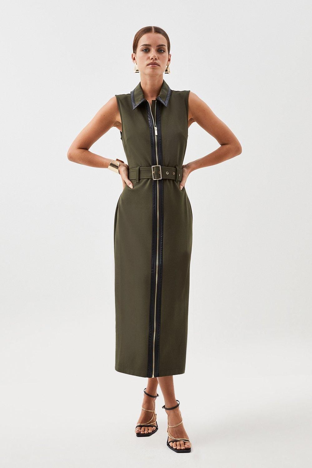 Petite Pu Ponte Belted Midi Dress | Karen Millen US