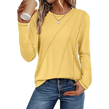 ATHMILE Womens Long Sleeve Shirts Pleated Crew Neck Casual Fall Fashion Ladie Tops Loose Fit Spri... | Amazon (US)