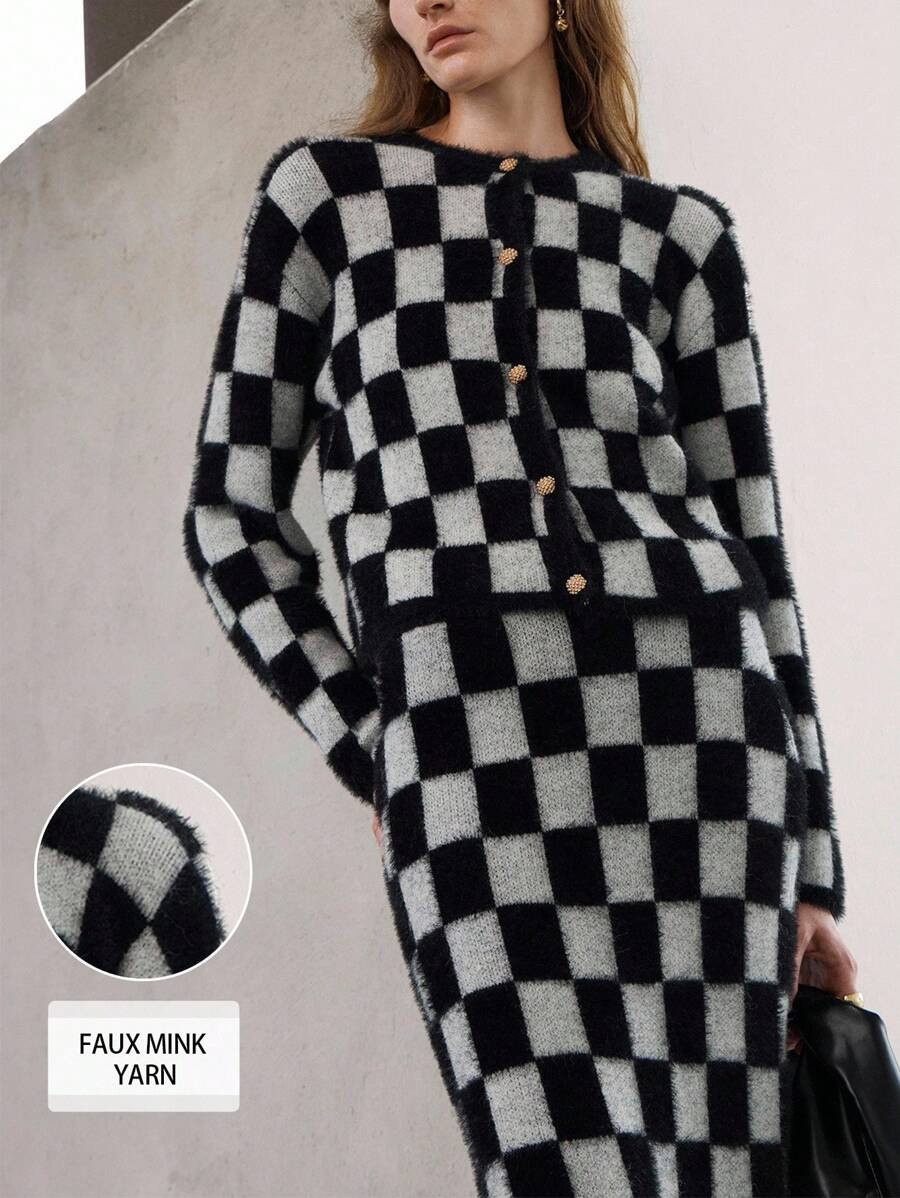 Uhlyne Old Money Style Faux Mink Yarn Cardigan/Skirt Co-Ords Slim Fit Crew Neck Long Sleeve Knitw... | SHEIN