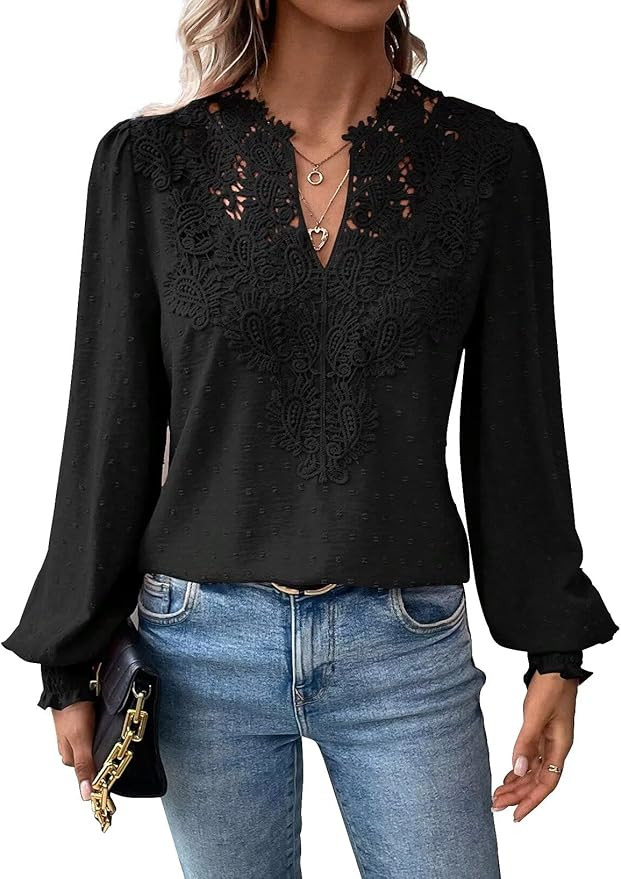 Womens Tops V Neck Boho Long Sleeve Shirts Swiss Dot Chiffon Blouses Flowy Lace Crochet Clothing ... | Amazon (US)