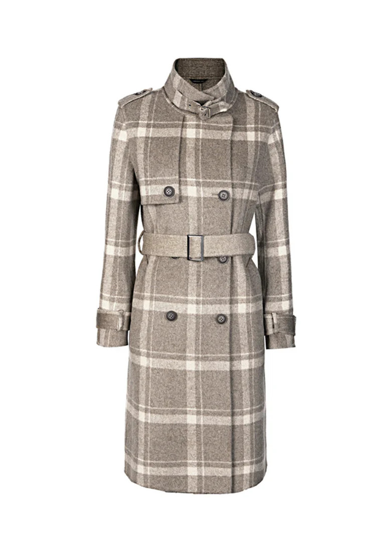 Stand-Up Collar Check Double-Breasted Waist Long Woolen Coat | SDEER