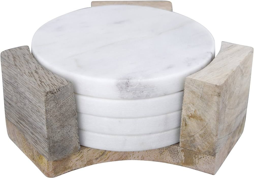Bloomingville Round Marble Mango Wood Holder (Set of 5 Pieces) Coasters, White, 5 Count | Amazon (US)