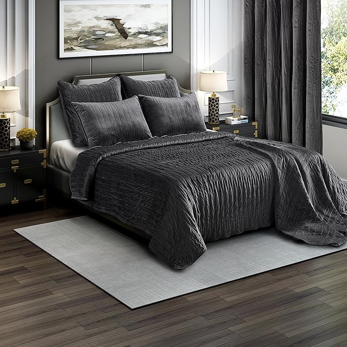 Brielle Premium Heavy Velvet Quilt Set with Cotton Backing, King, Charcoal | Amazon (US)