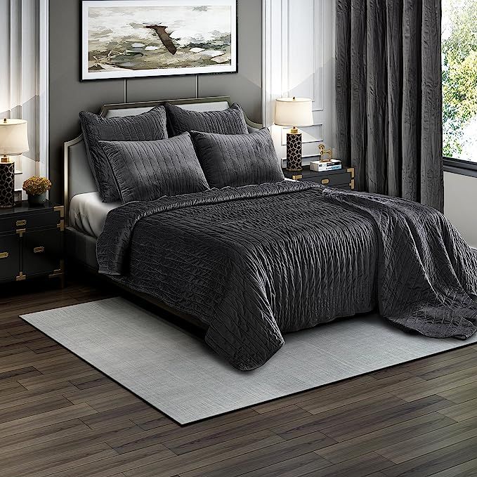 Brielle Premium Heavy Velvet Quilt Set with Cotton Backing, King, Charcoal | Amazon (US)