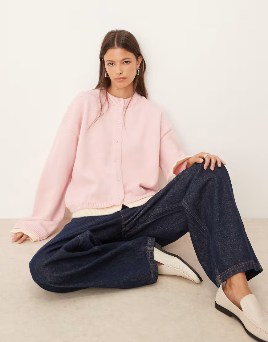ASOS DESIGN knitted oversized cardigan with double layer in pink | ASOS (Global)