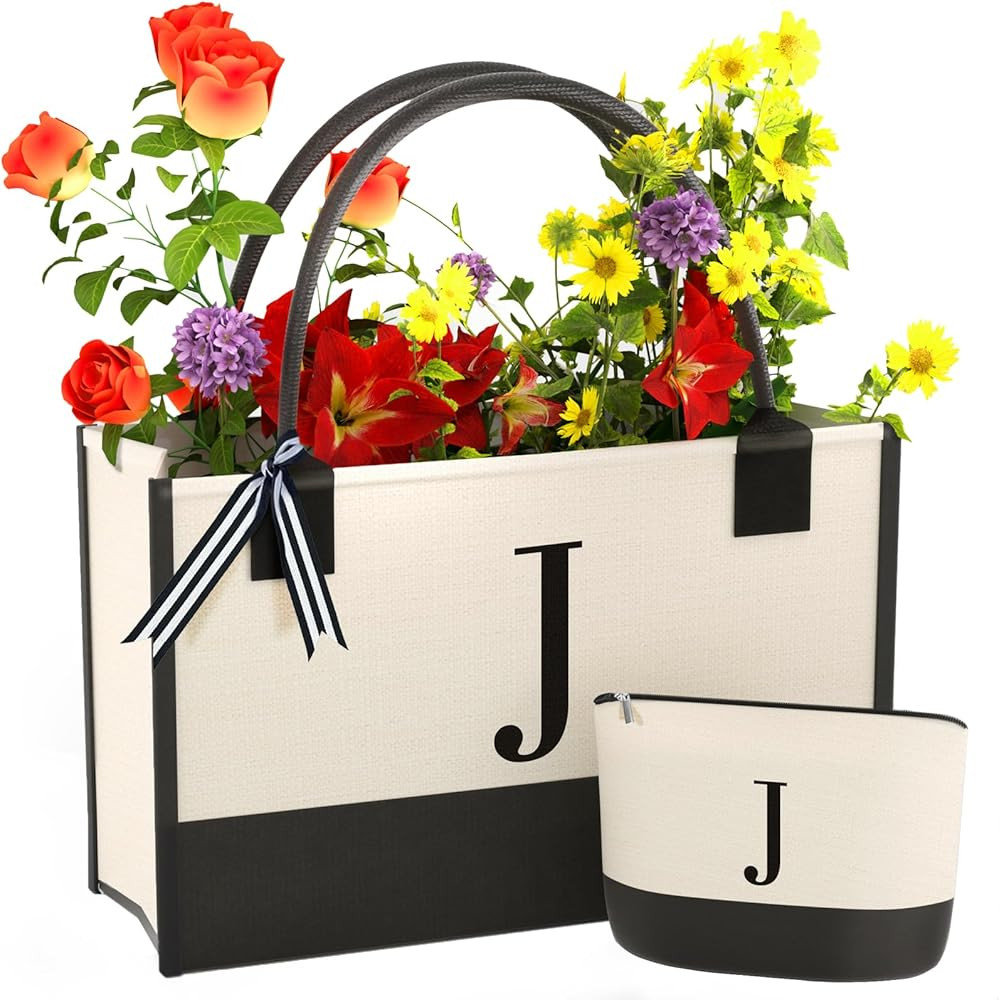 Monogrammed Canvas Tote Bag with Zipper Pockets - Ideal Gift for Mom, Teacher, Sister | Amazon (US)