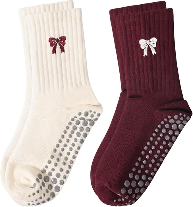 Pilates Yoga Grip Socks for Women, Bow-Patterned Ruffled Crew Socks Ideal for Fitness, Ballet Bar... | Amazon (US)