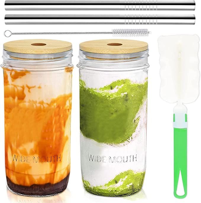 COLOROUND 2 Pack Mason Jar Smoothie Cups with Bamboo Lids and Straws 24 oz Mason Jars Wide Mouth ... | Amazon (US)