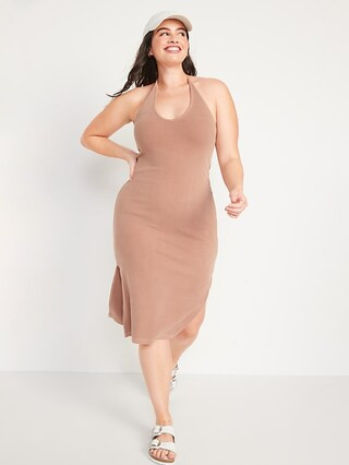 Fitted Rib-Knit Halter Midi Dress for Women | Old Navy (US)