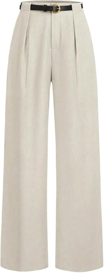 MakeMeChic Women's Work Pants Straight Leg Zip Fly Belted Business Casual Trousers Teacher Pants | Amazon (US)