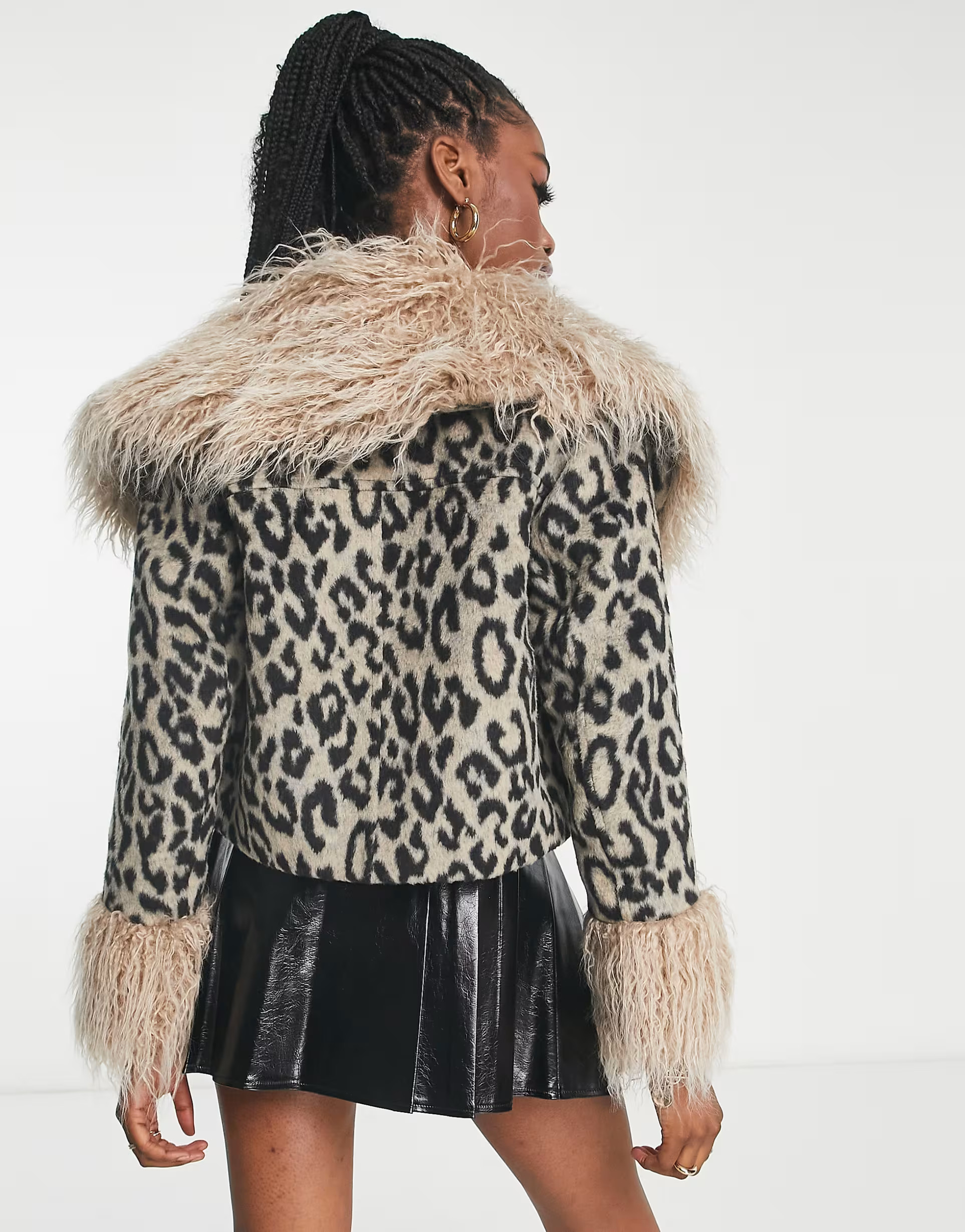 Miss Selfridge leopard faux fur trim jacket | ASOS (Global)
