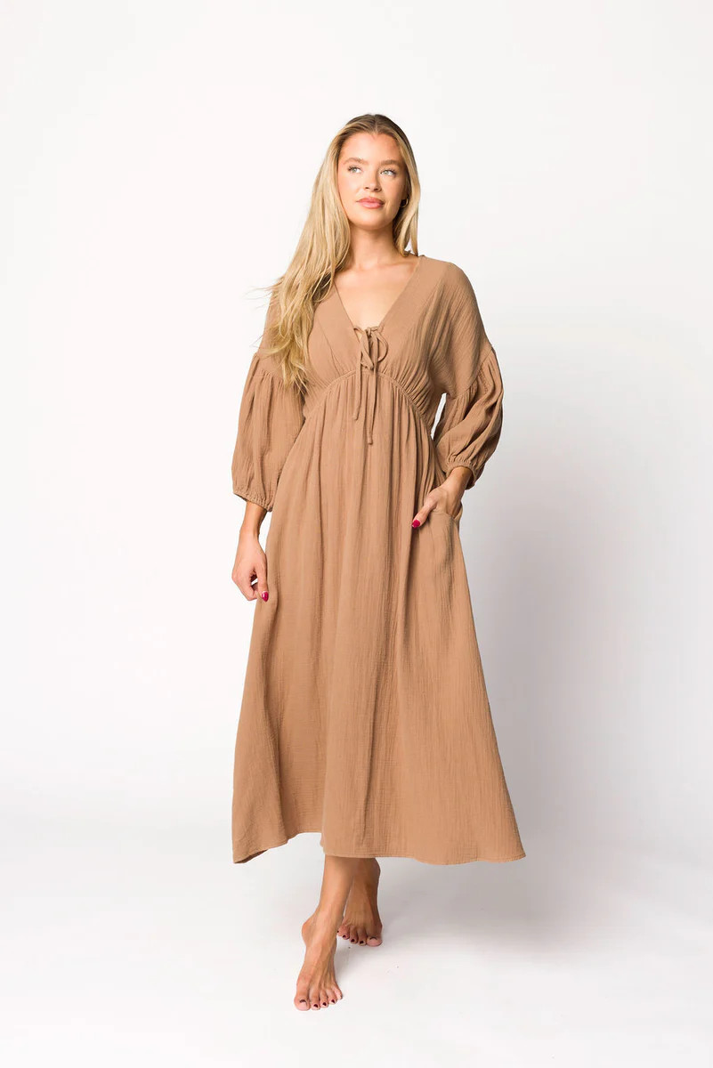 Hunter 100% Cotton Gauze Midi Dress in Bronze - Bump Friendly | Worth Collective