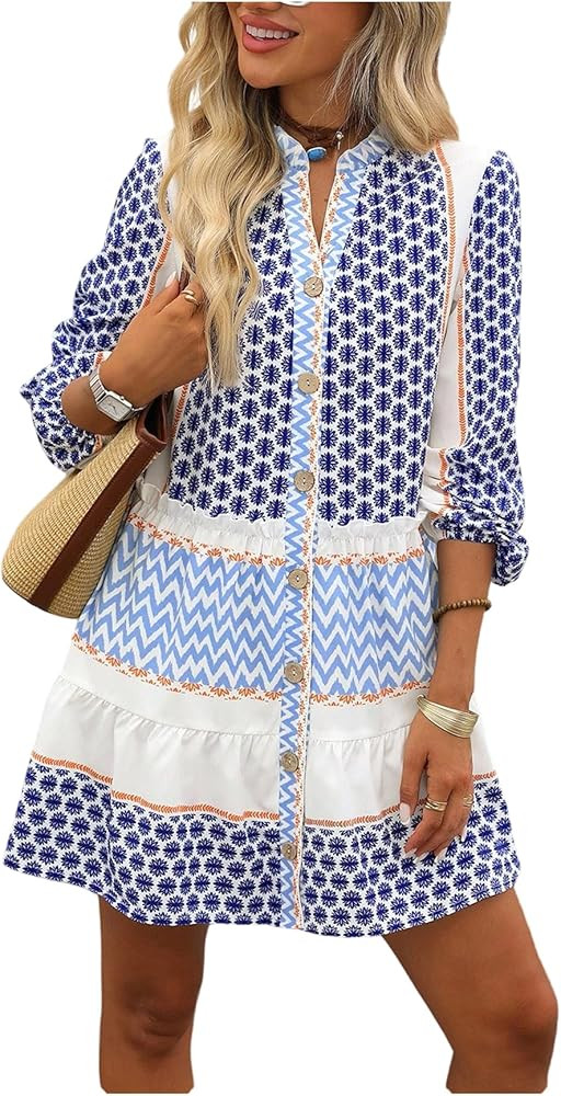 SOLY HUX Women's Summer Printed Smocked Dresses Button Down Long Sleeve Flowy Vacation Mini Dress | Amazon (US)