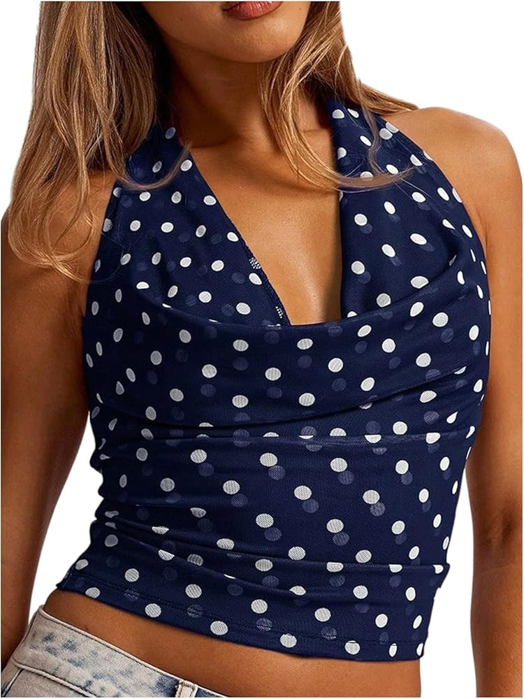 MakeMeChic Women's Polka Dots Halter Top Y2k Going Out Tops Backless Deep V Cowl Neck Tops | Amazon (US)