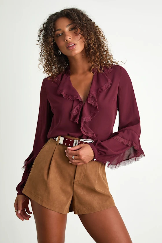 Jess Burgundy Ruffled Lace Long Sleeve Top | Lulus