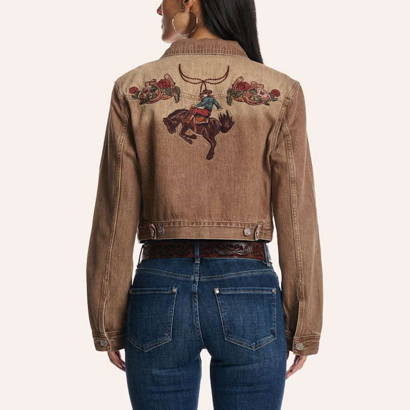 Rockin' C Women's Taupe Floral Bronc Embroidered Denim Jacket | Cavender's