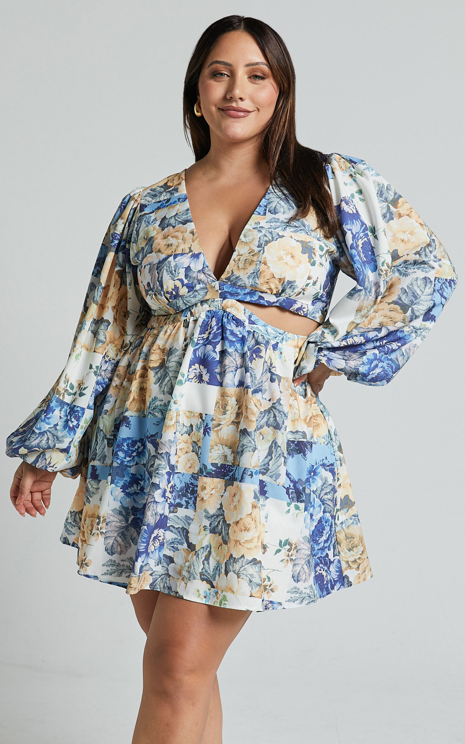 Emily Mini Dress - V Neck Long Sleeve Cut Out Dress in Patchwork Floral | Showpo (US, UK & Europe)