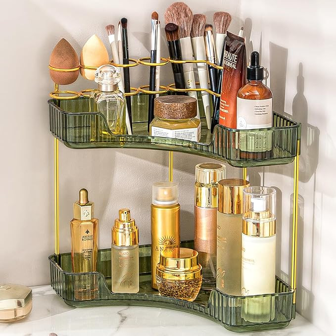 NATURE'S SOURCE Modern 2-Tier Corner Bathroom Organizer with Makeup Brush Holder, Green Acrylic, ... | Amazon (US)