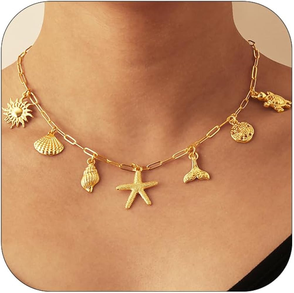 Charm Necklace for Women, 14K Gold Plated Shell Sun Starfish Summer Beach Necklace 16+3" Papercli... | Amazon (US)