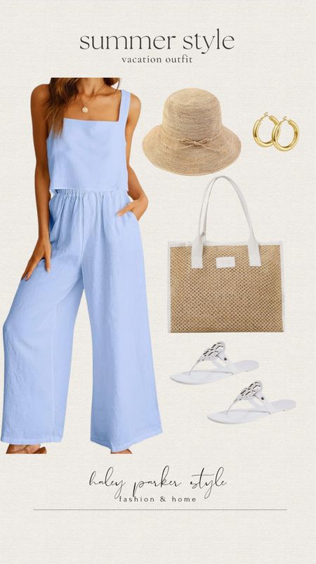 Summer style vacation outfit from Amazon! 

Two piece outfit, sandals, bag, purse, hat, gold earrings 

#LTKStyleTip #LTKShoeCrush #LTKItBag
