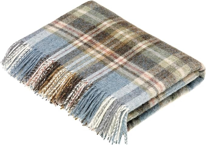 Moon Wool Plaid Throw Blanket, Pure New Wool, Glen Coe Aqua, Made in UK | Amazon (US)