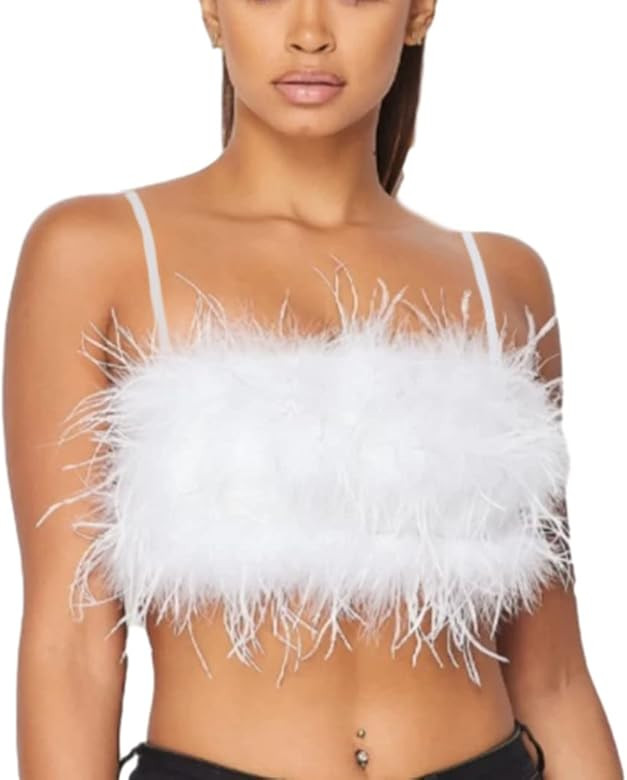 Women Rave Festival Feather Crop Tops Faux Fur Spaghetti Straps Tube Top for Concert Club Party | Amazon (US)
