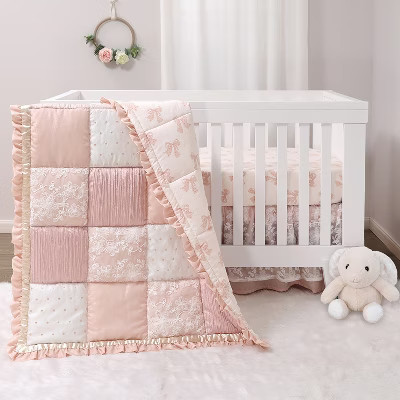 The Peanutshell 3 Piece Baby Crib Bedding Set for Girls - Cotton Fitted Crib Sheet, Layered Dust Ruffle, Comforter, Pink, Gold, Floral - Grace | Target