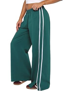 Women's Elasticated Waistband Side Pockets Double Stripe Split at Bottom Hem Wide Leg Pants | Amazon (US)