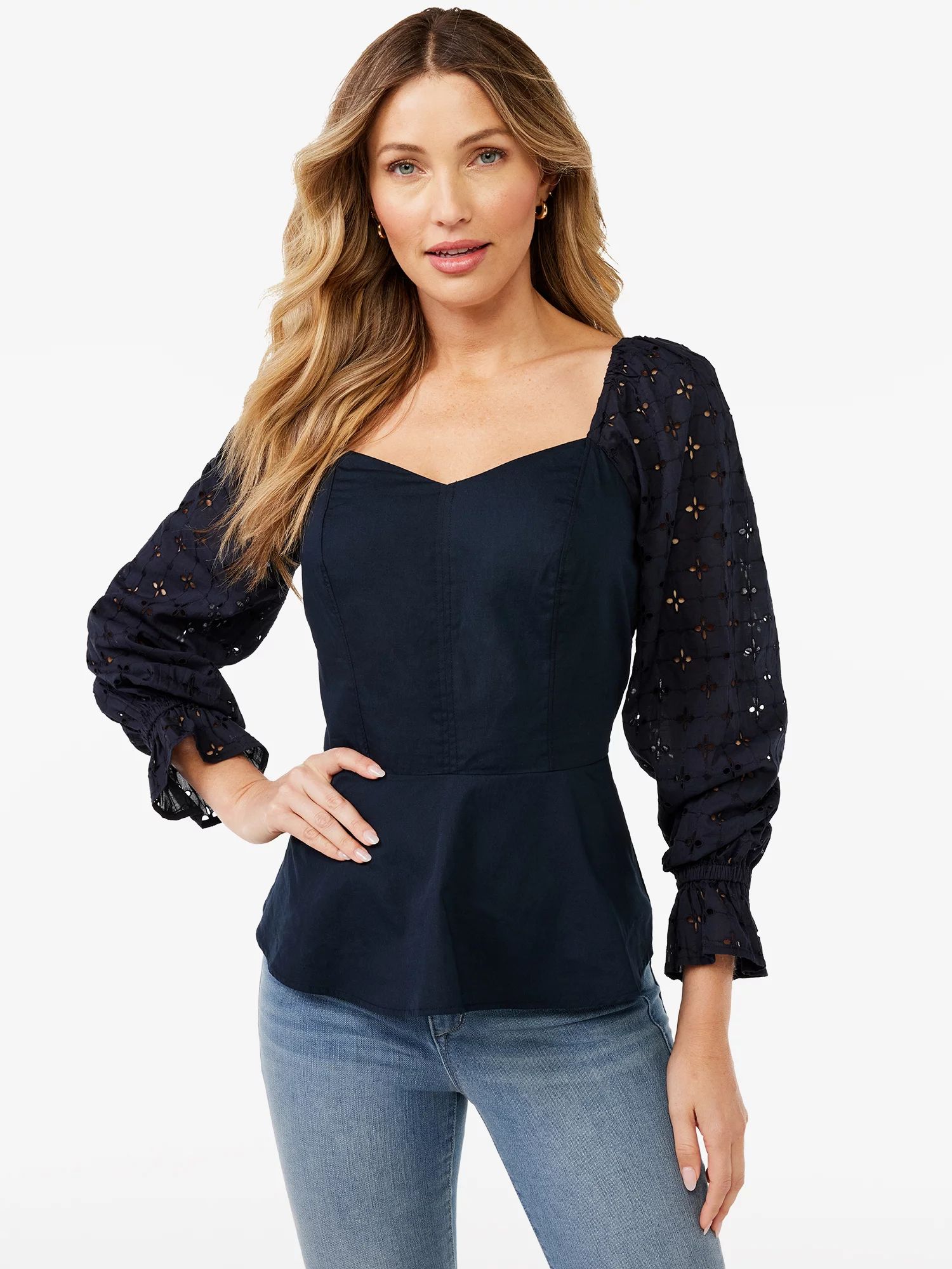 Sofia Jeans by Sofia Vergara Women's Peplum Top with Puff Sleeves | Walmart (US)