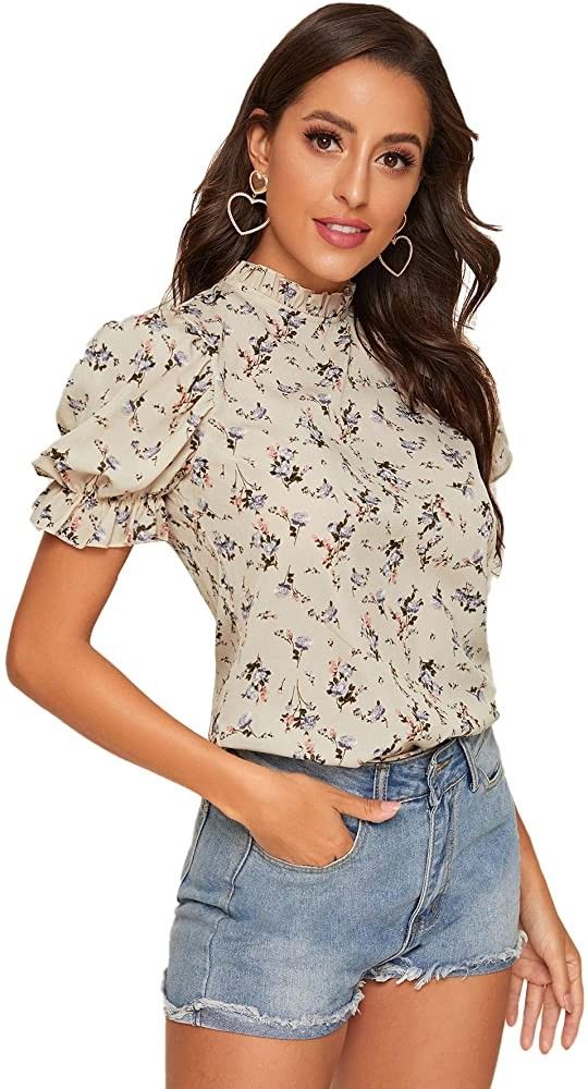 Romwe Women's Floral Print Ruffle Puff Short Sleeve Casual Blouse Tops | Amazon (US)