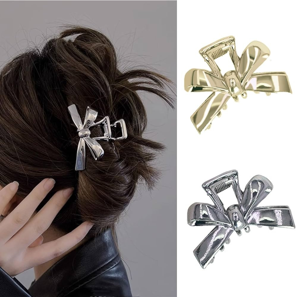 AUOCATTAIL 2 PCS Hair Claw Clips Metal Bow Small Shark Clip Gold Silver Strong Hold jaw clips Wom... | Amazon (US)
