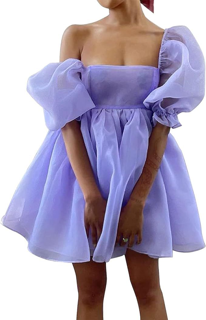 Womens Off-Shoulder Ruffled Fluffy Short-Sleeved Mesh Party Mini Princess Dress | Amazon (US)
