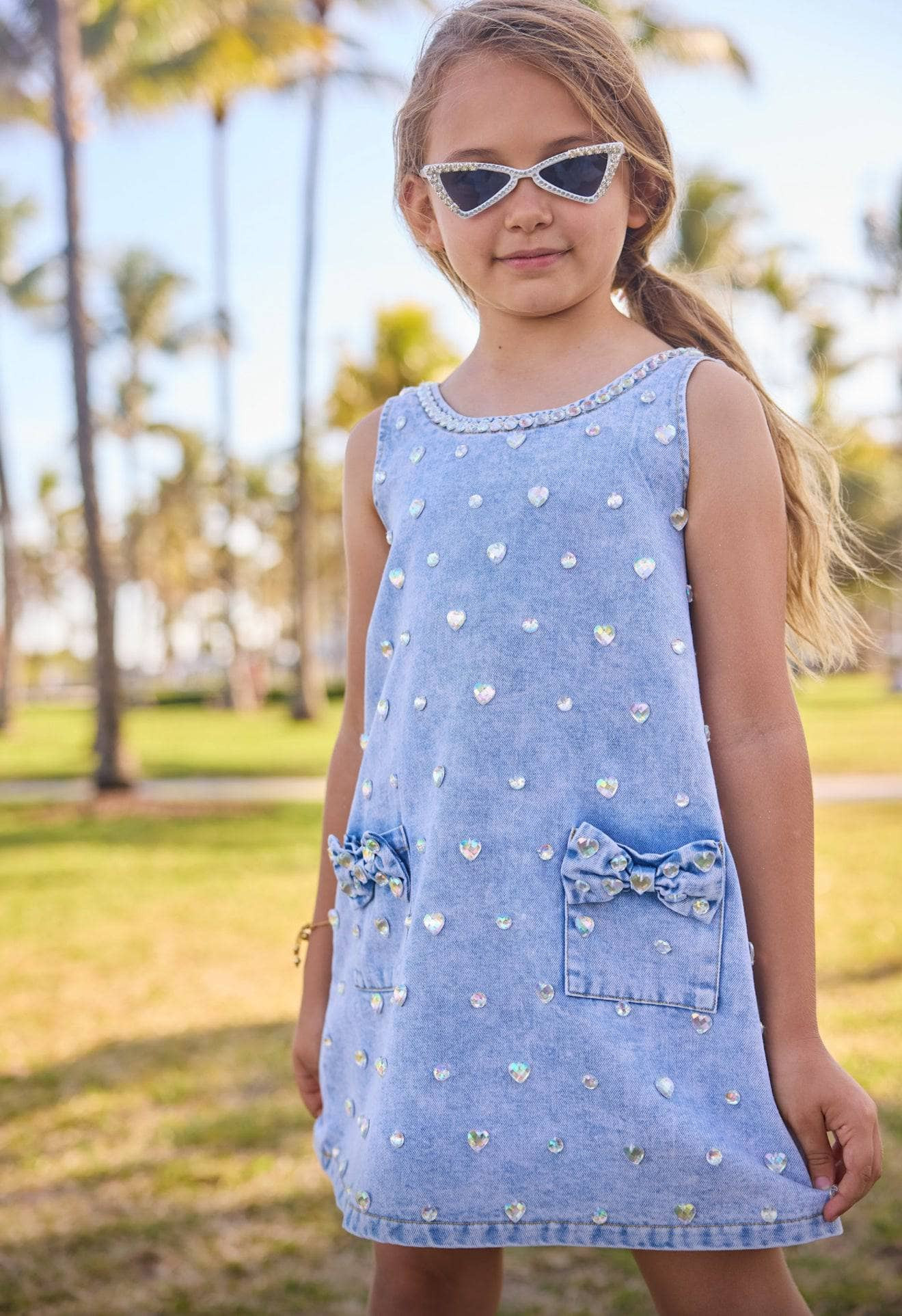 Crystal Heart Denim Bow Dress | Lola + The Boys