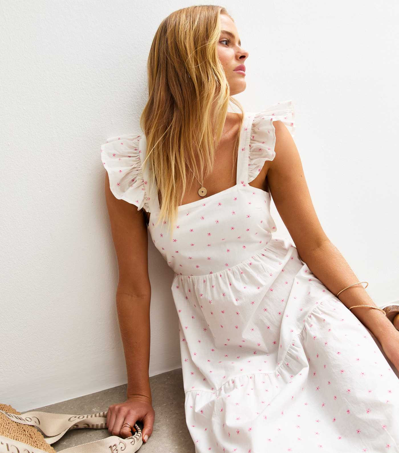 White Floral Print Tie Back Tiered Midi Dress | New Look | New Look (UK)