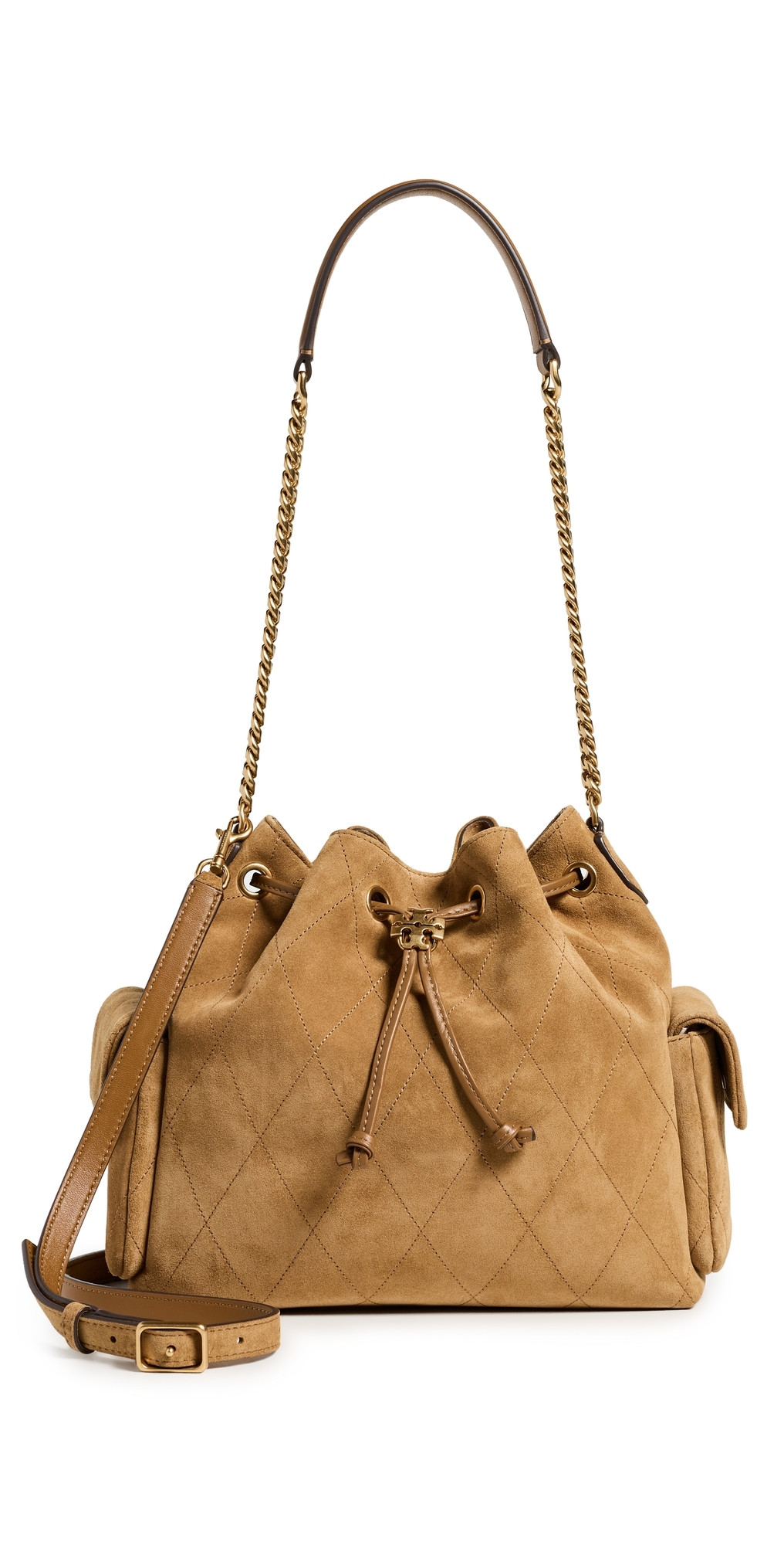 Tory Burch Charlie Quilted Suede Drawstring Shoulder Bag Toffee One Size | Shopbop