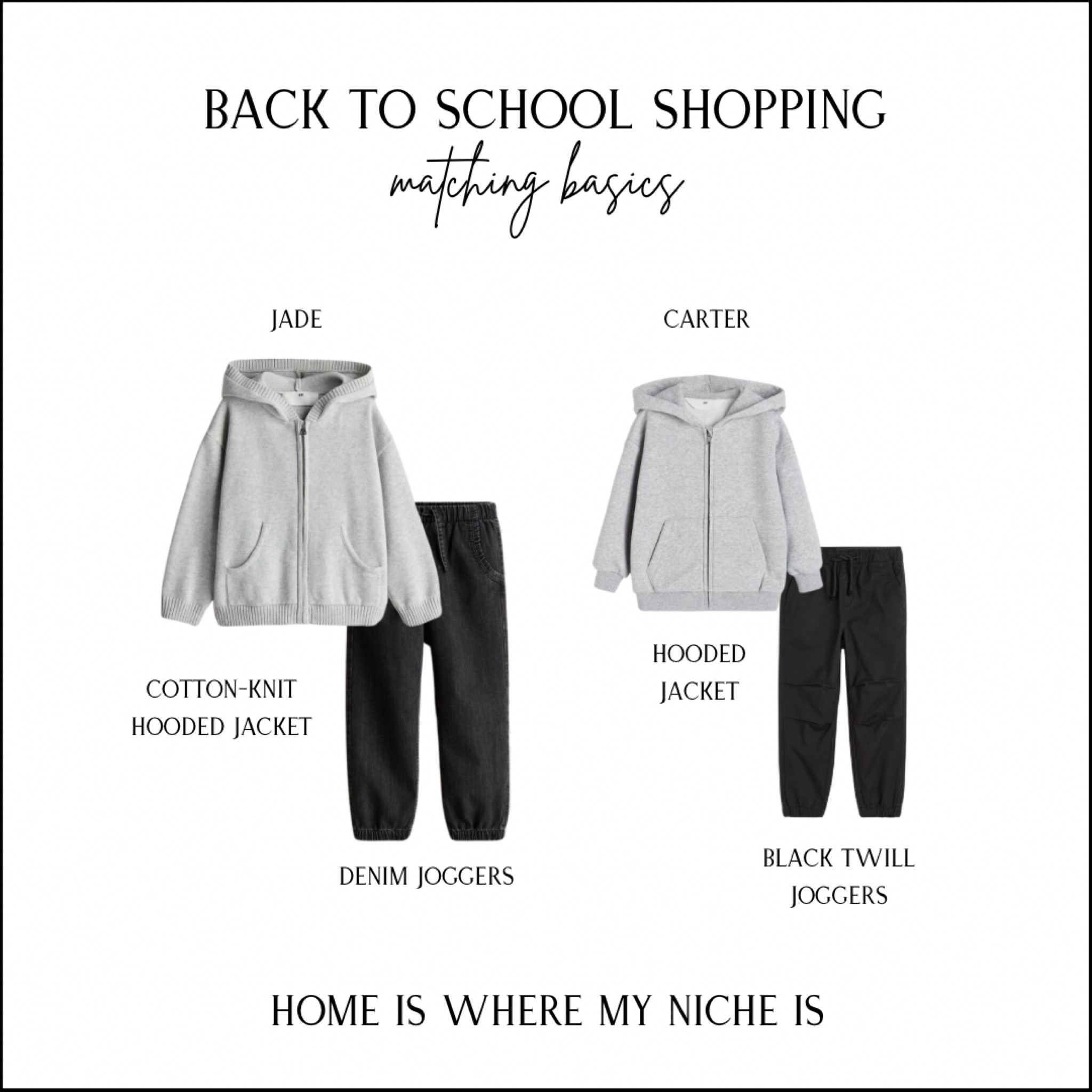 S C H O O L / back to school basics

+ denim joggers 
+ grey hooded jackets

Back to School Clothes | Girls | Boys | Toddler | Matching

#LTKkids #LTKfamily #LTKcanada