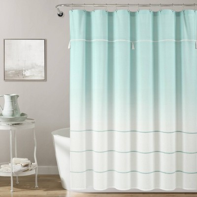 Ombre Embroidery Tassel Yarn Dyed Cotton Shower Curtain Blue - Lush Décor | Target