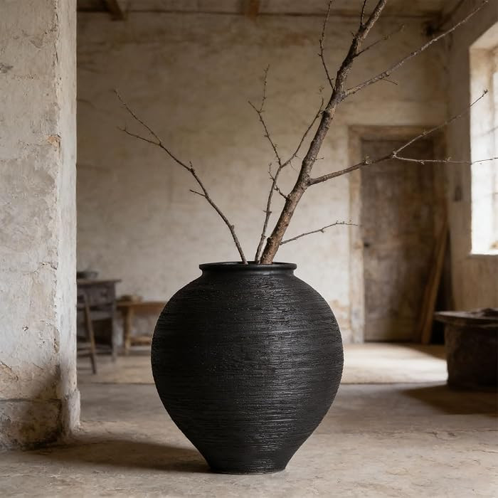 Large Blak Ceramic Vase - 11.8 Inch Large Black Round Vase, Rustic Farmhouse Vase for Home Decor,... | Amazon (US)