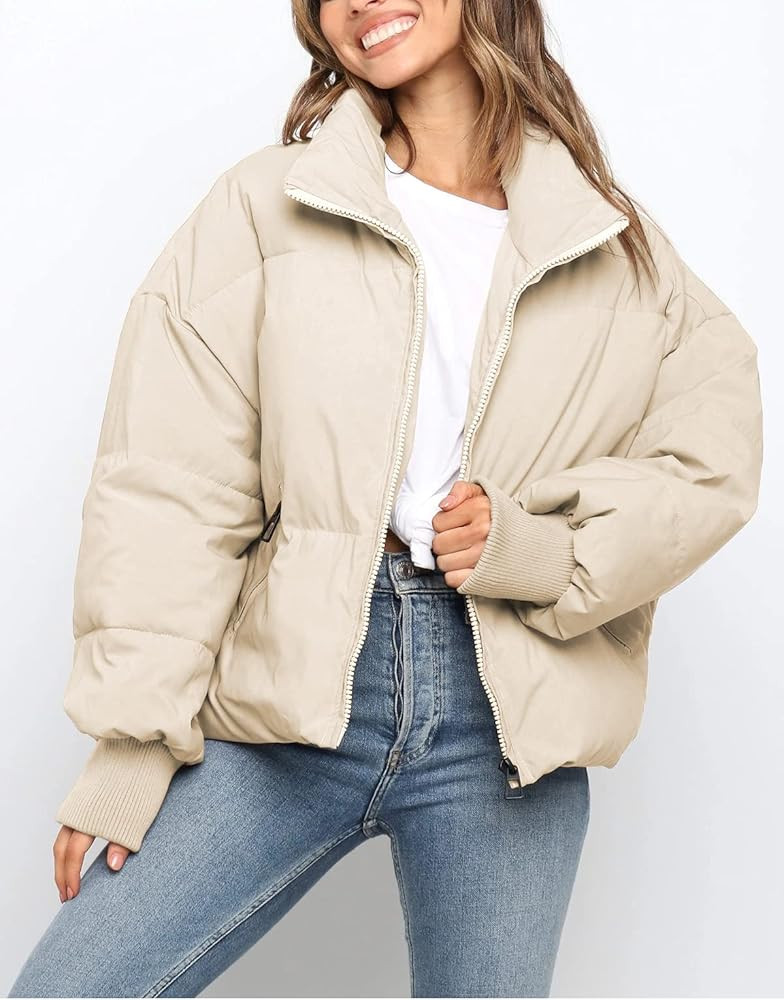 ZROZYL Women's Winter Puffer Down Jacket Long Sleeve Zipper Pockets Baggy Short Coats | Amazon (US)