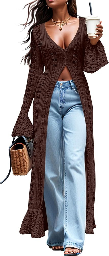 Cardigan Sweaters for Women Trendy Lightweight Crochet Long Duster Button Up Bell Long Sleeve Ruf... | Amazon (US)