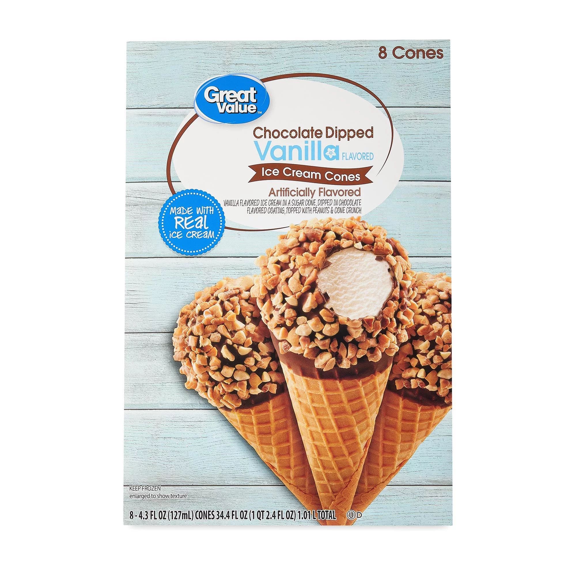 Great Value Chocolate Dipped Vanilla Flavored Ice Cream Cones, 34.4 oz, 8 Pack | Walmart (US)